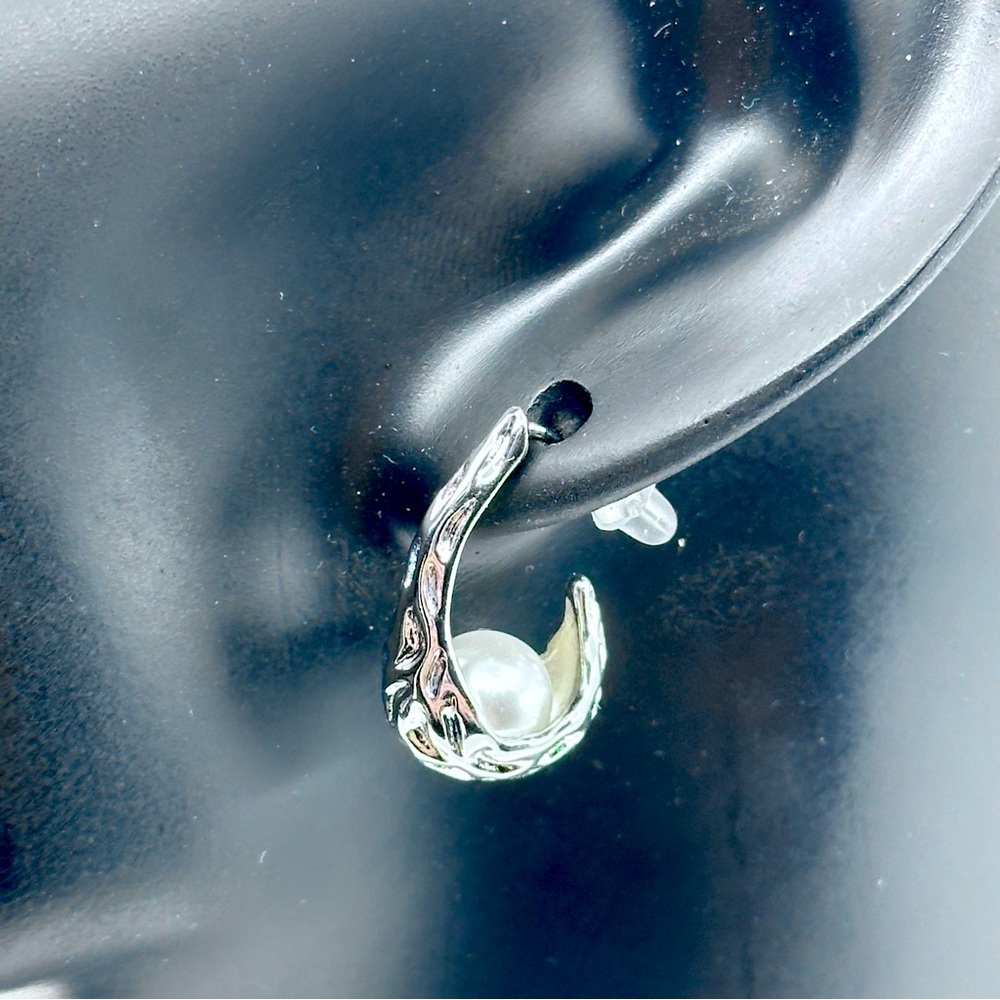 New Sterling Silver Liquid Metal Drop Genuine Pearl Earrings